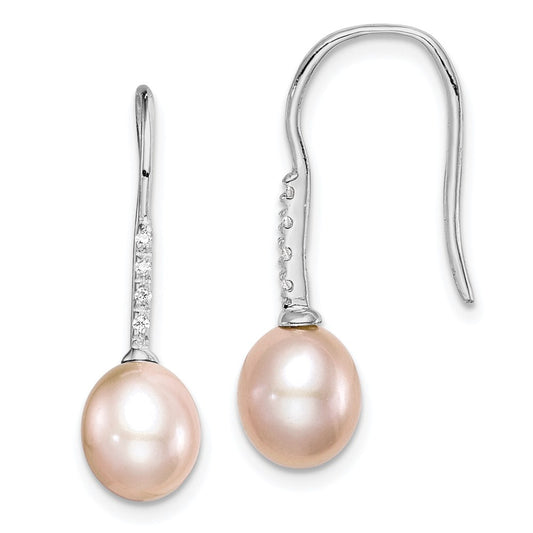 QE14964 Sterling Silver Rhodium-plated 7-8mm Pink Teardrop Freshwater Cultured Pearl and CZ Dangle Earrings