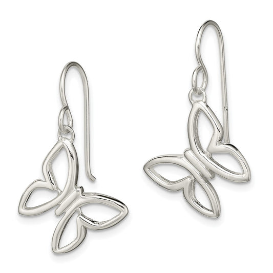 QE14965 Sterling Silver Butterfly Shepherd Hook Dangle Earrings