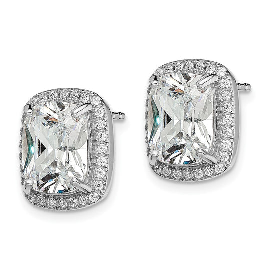 QE14975 Sterling Silver RH-plated Polished 10x8mm Cushion CZ Halo Post Earrings