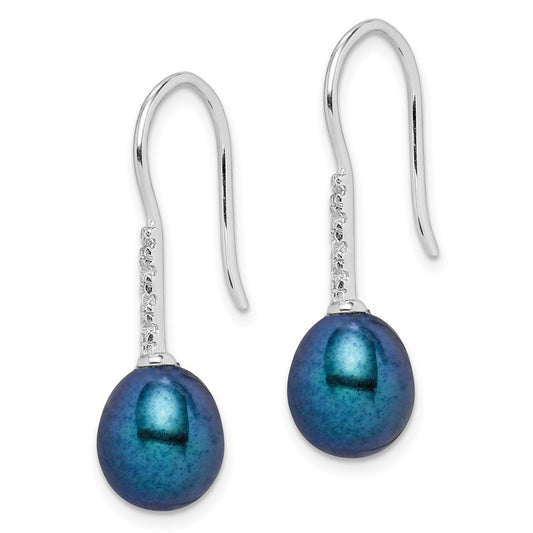 QE14983 Sterling Silver Rhodium-plated 7-8mm Black Teardrop Freshwater Cultured Pearl and CZ Dangle Earrings