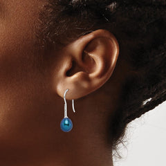QE14983 Sterling Silver Rhodium-plated 7-8mm Black Teardrop Freshwater Cultured Pearl and CZ Dangle Earrings