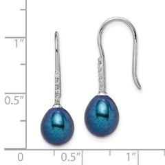 QE14983 Sterling Silver Rhodium-plated 7-8mm Black Teardrop Freshwater Cultured Pearl and CZ Dangle Earrings