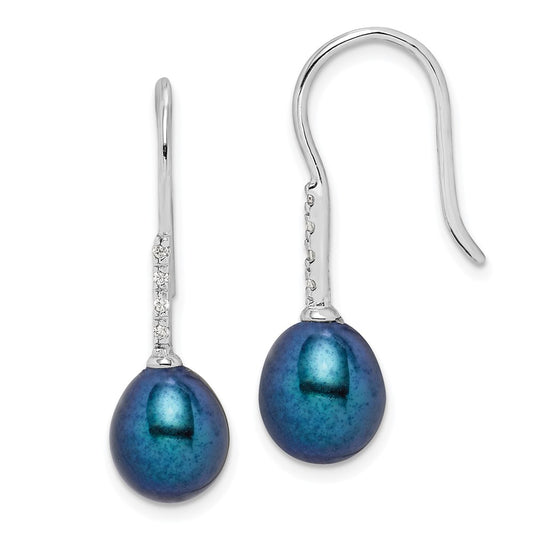 QE14983 Sterling Silver Rhodium-plated 7-8mm Black Teardrop Freshwater Cultured Pearl and CZ Dangle Earrings