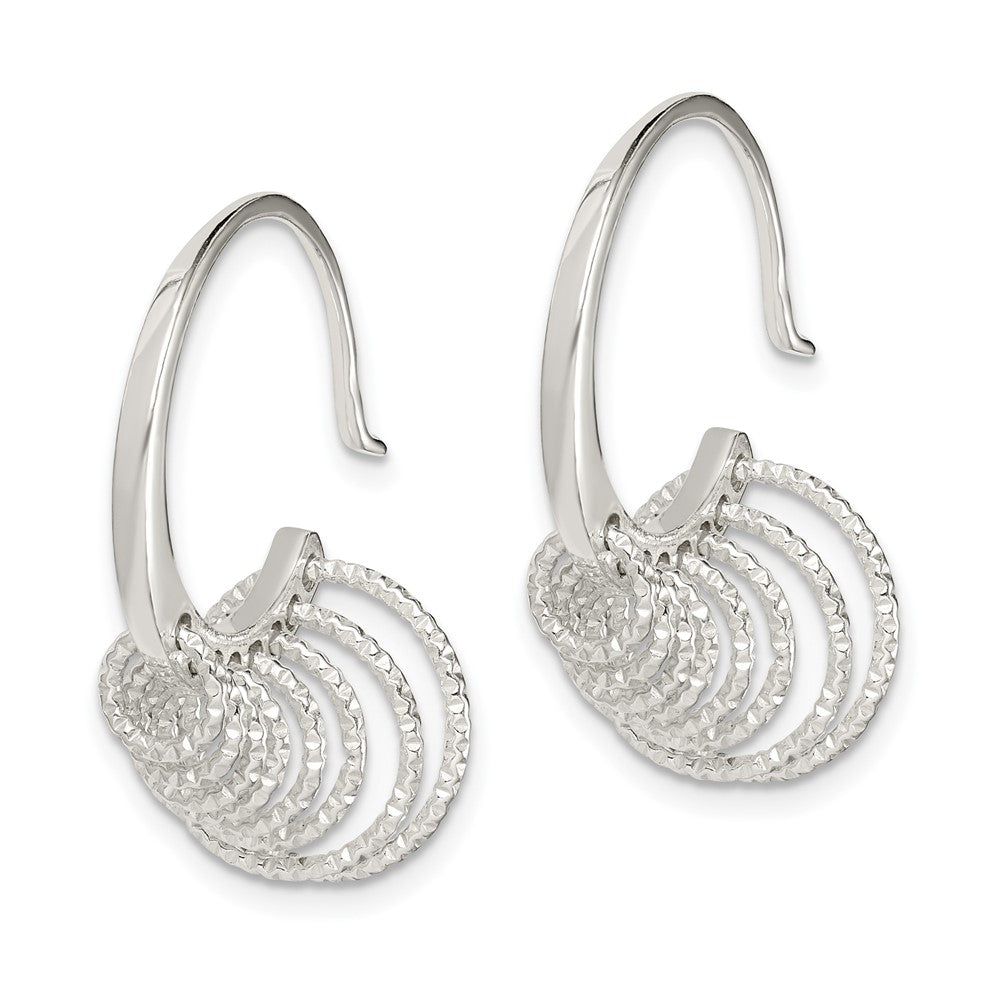QE14985 Sterling Silver Polished & Diamond-cut Circles Dangle Hoop Earrings