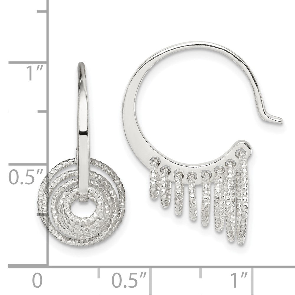 QE14985 Sterling Silver Polished & Diamond-cut Circles Dangle Hoop Earrings