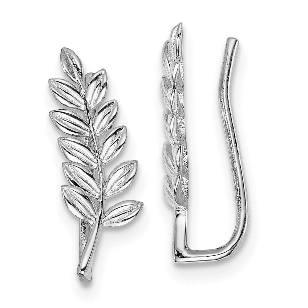 QE14995 Sterling Silver Rhodium-plated Polished & Textured Leaf Ear Climber Earring