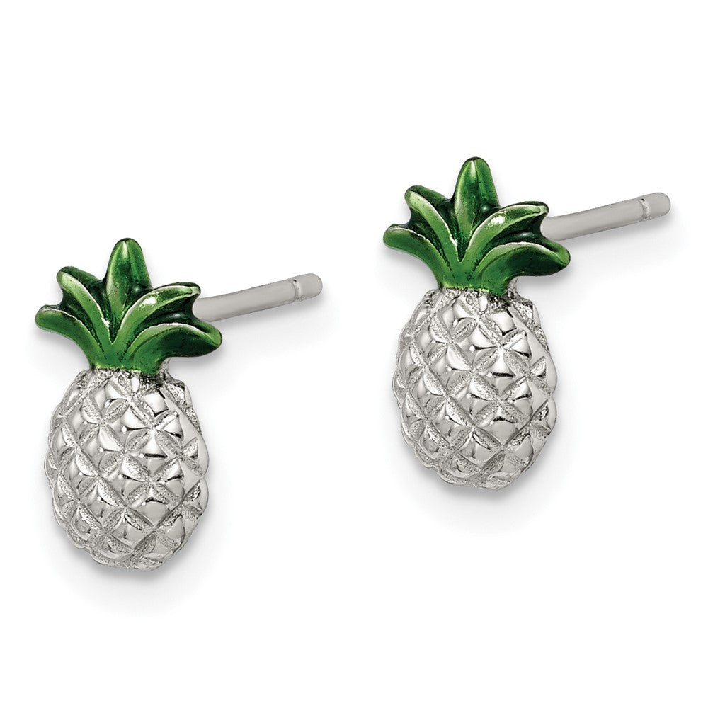 QE15010 Sterling Silver Rhod-plated Pineapple w/Green Enamel Post Earrings