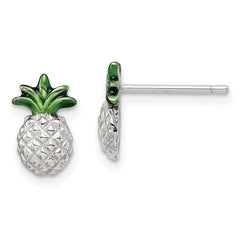 QE15010 Sterling Silver Rhod-plated Pineapple w/Green Enamel Post Earrings