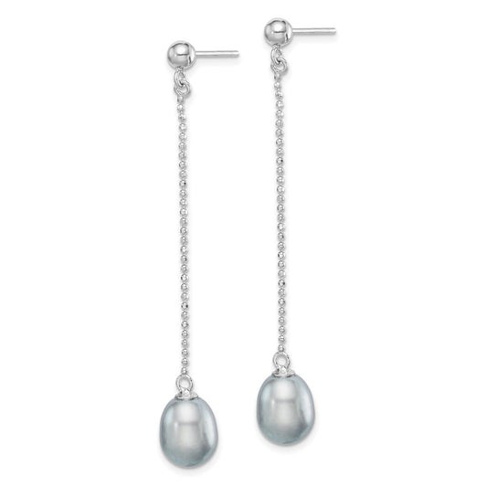 QE15029 Sterling Silver Rhodium-plated 7-8mm Grey Teardrop Freshwater Cultured Pearl Post Dangle Earrings