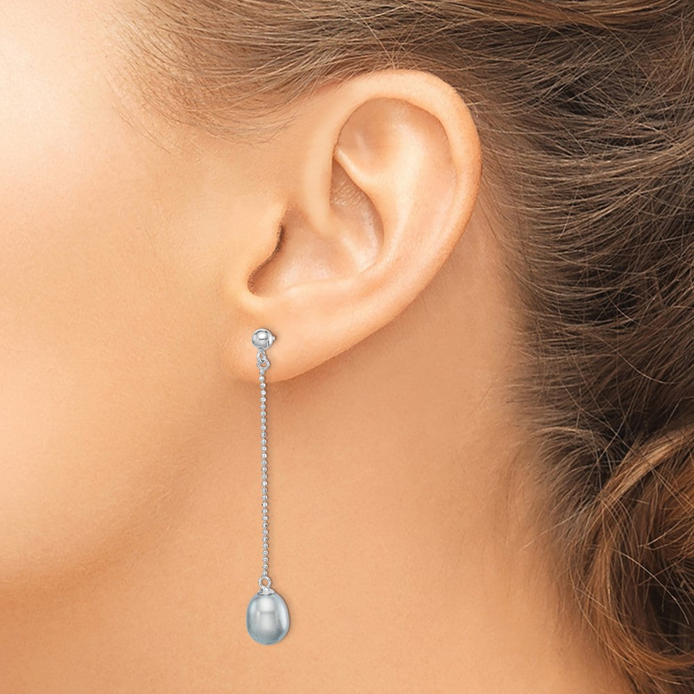 QE15029 Sterling Silver Rhodium-plated 7-8mm Grey Teardrop Freshwater Cultured Pearl Post Dangle Earrings