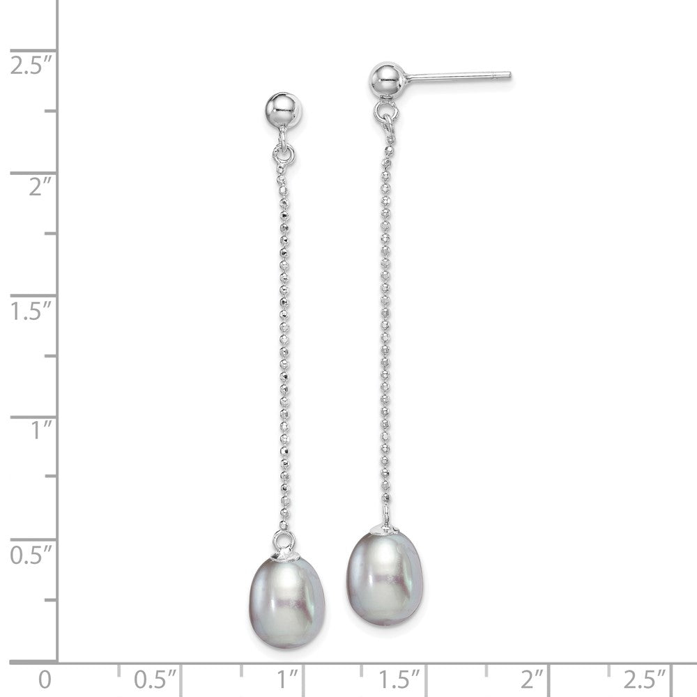 QE15029 Sterling Silver Rhodium-plated 7-8mm Grey Teardrop Freshwater Cultured Pearl Post Dangle Earrings