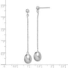 QE15029 Sterling Silver Rhodium-plated 7-8mm Grey Teardrop Freshwater Cultured Pearl Post Dangle Earrings