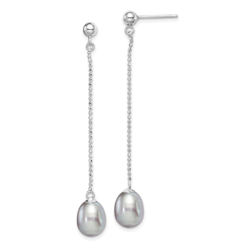 QE15029 Sterling Silver Rhodium-plated 7-8mm Grey Teardrop Freshwater Cultured Pearl Post Dangle Earrings