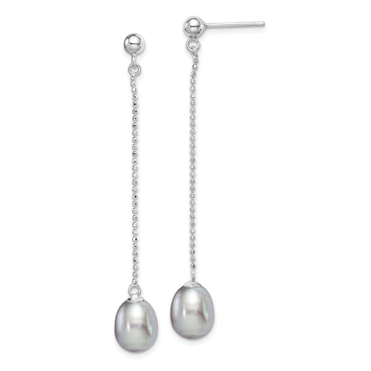 QE15029 Sterling Silver Rhodium-plated 7-8mm Grey Teardrop Freshwater Cultured Pearl Post Dangle Earrings