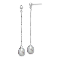 QE15029 Sterling Silver Rhodium-plated 7-8mm Grey Teardrop Freshwater Cultured Pearl Post Dangle Earrings