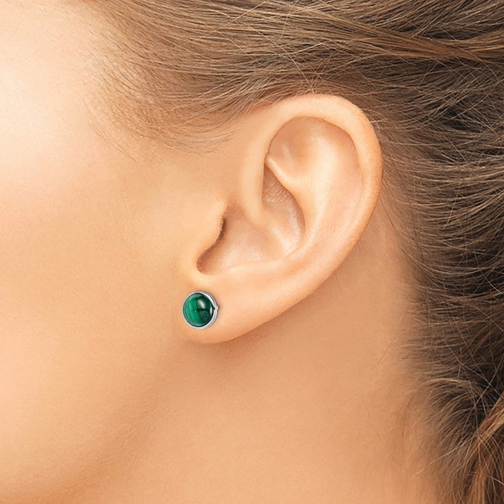 QE15036 Sterling Silver Rhodium-plated 7mm Malachite Post Earrings