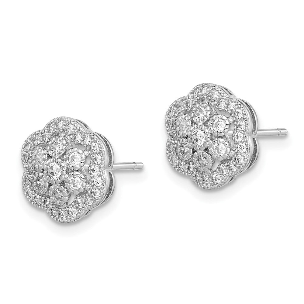 QE15045 Sterling Silver Rhodium-plated Polished CZ Flower Post Earrings