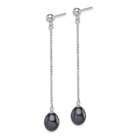 QE15052 Sterling Silver Rhodium-plated 7-8mm Black Teardrop Freshwater Cultured Pearl Post Dangle Earrings