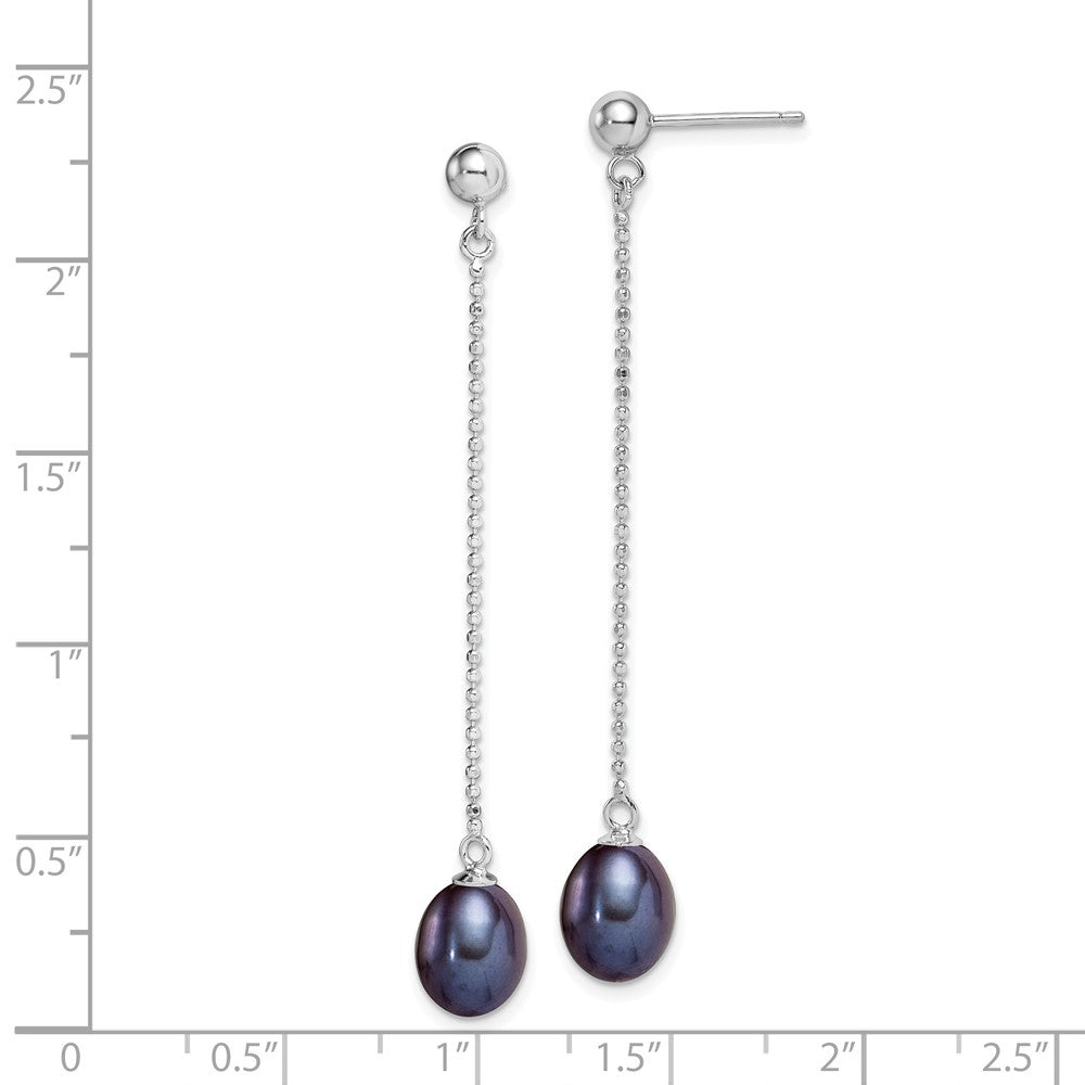 QE15052 Sterling Silver Rhodium-plated 7-8mm Black Teardrop Freshwater Cultured Pearl Post Dangle Earrings