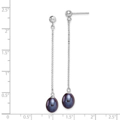QE15052 Sterling Silver Rhodium-plated 7-8mm Black Teardrop Freshwater Cultured Pearl Post Dangle Earrings