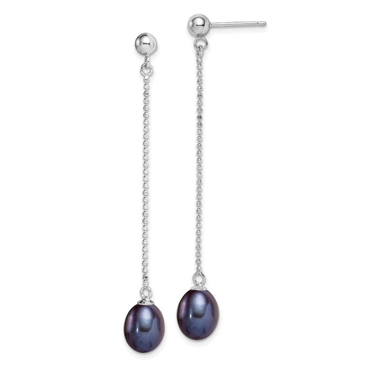 QE15052 Sterling Silver Rhodium-plated 7-8mm Black Teardrop Freshwater Cultured Pearl Post Dangle Earrings