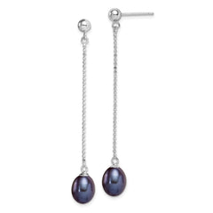 QE15052 Sterling Silver Rhodium-plated 7-8mm Black Teardrop Freshwater Cultured Pearl Post Dangle Earrings