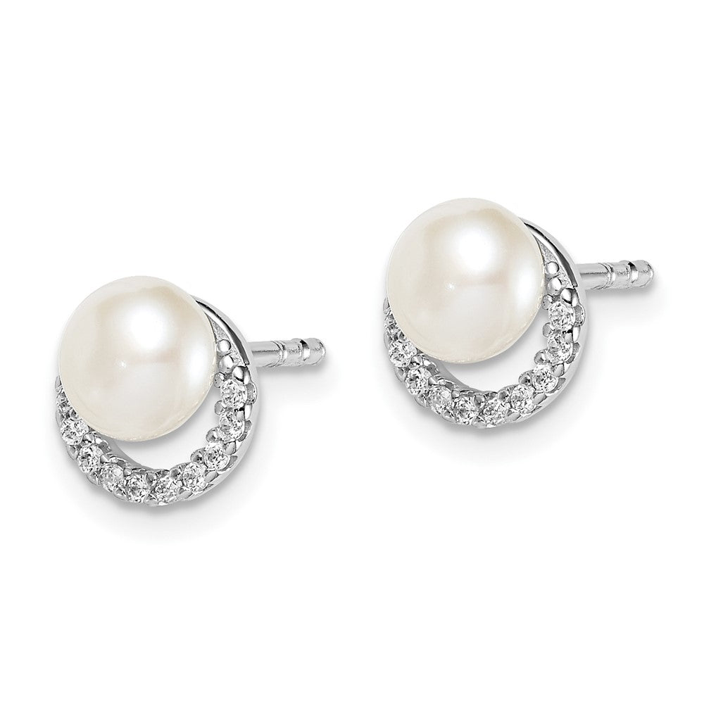 QE15056 Sterling Silver Rhodium Plated FWC Pearl CZ Post Earrings