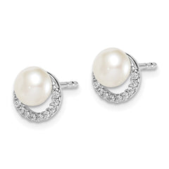 QE15056 Sterling Silver Rhodium Plated FWC Pearl CZ Post Earrings