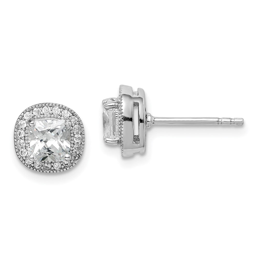 QE15057 Sterling Silver RH-plated Polished & Textured 5mm CZ Halo Post Earrings