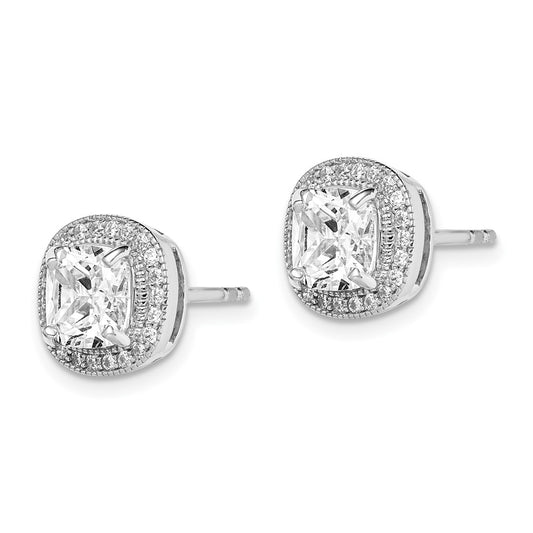 QE15058 Sterling Silver RH-plated Polished & Textured 6mm CZ Halo Post Earrings