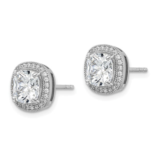 QE15059 Sterling Silver RH-plated Polished & Textured 7mm CZ Halo Post Earrings
