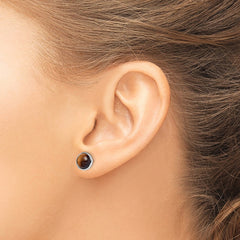 QE15060 Sterling Silver Rhodium-plated Polished 7mm Tiger's Eye Post Earrings