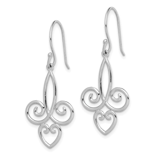 QE15067 Sterling Silver Rhodium-plated Polished Fleur de Lis Dangle Earrings