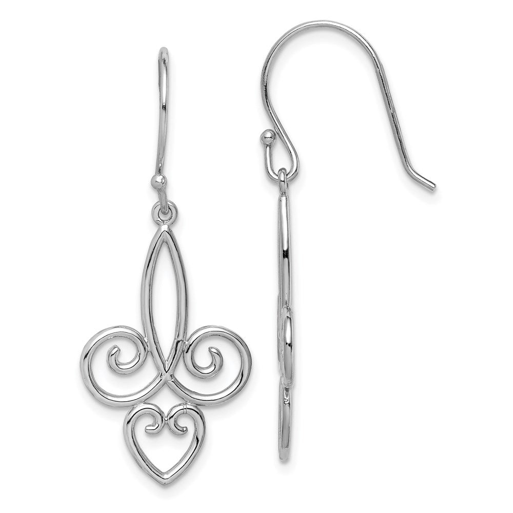 QE15067 Sterling Silver Rhodium-plated Polished Fleur de Lis Dangle Earrings