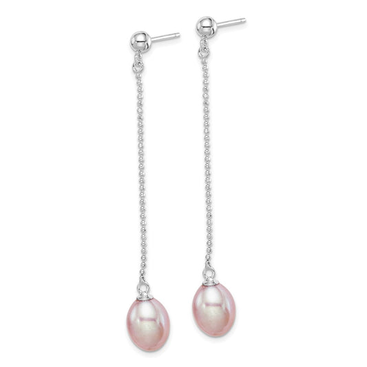 QE15071 Sterling Silver Rhodium-plated 7-8mm Purple Teardrop Freshwater Cultured Pearl Post Dangle Earrings
