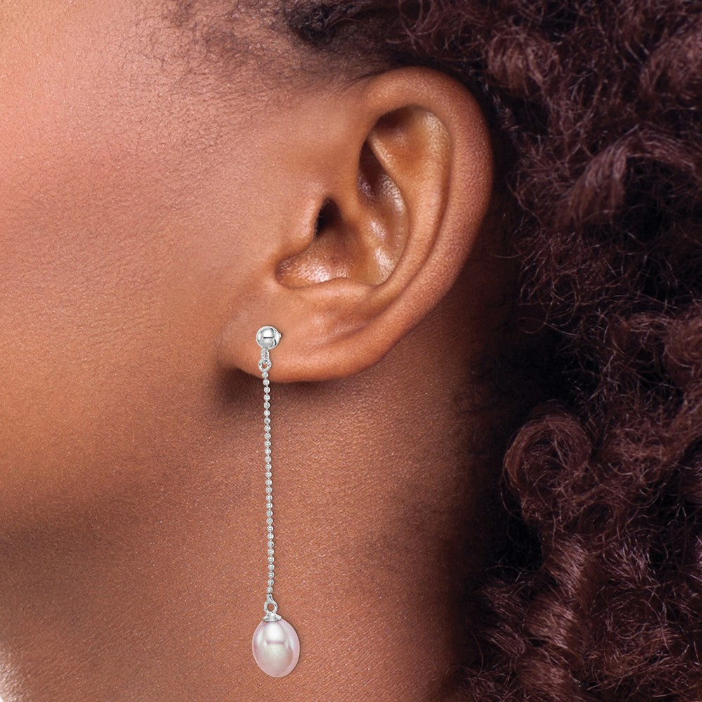 QE15071 Sterling Silver Rhodium-plated 7-8mm Purple Teardrop Freshwater Cultured Pearl Post Dangle Earrings