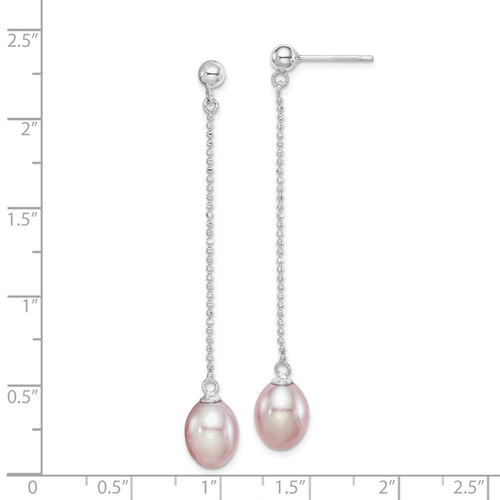 QE15071 Sterling Silver Rhodium-plated 7-8mm Purple Teardrop Freshwater Cultured Pearl Post Dangle Earrings