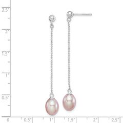 QE15071 Sterling Silver Rhodium-plated 7-8mm Purple Teardrop Freshwater Cultured Pearl Post Dangle Earrings