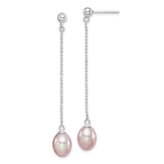 QE15071 Sterling Silver Rhodium-plated 7-8mm Purple Teardrop Freshwater Cultured Pearl Post Dangle Earrings