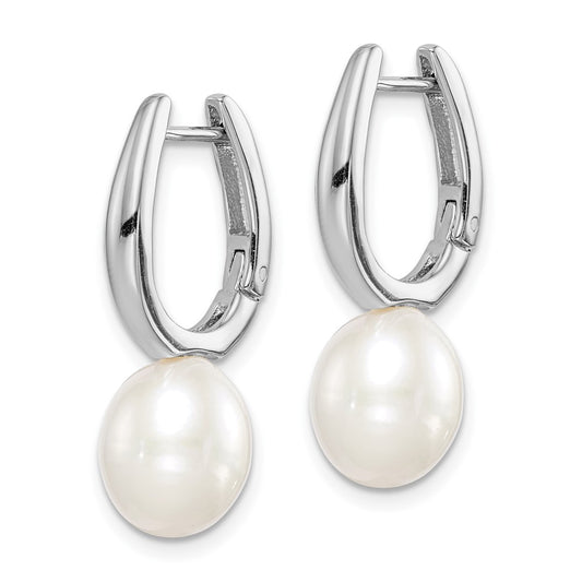 QE15120 Sterling Silver Rhodium-plated 7-8mm White Rice Freshwater Cultured Pearl Dangle Hoop Earrings