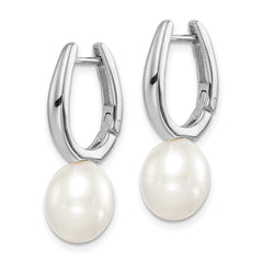 QE15120 Sterling Silver Rhodium-plated 7-8mm White Rice Freshwater Cultured Pearl Dangle Hoop Earrings