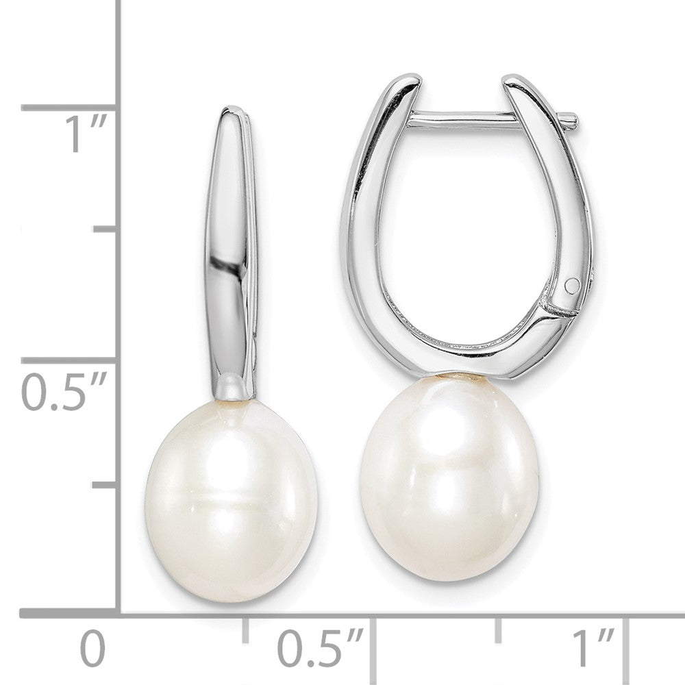 QE15120 Sterling Silver Rhodium-plated 7-8mm White Rice Freshwater Cultured Pearl Dangle Hoop Earrings