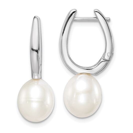 QE15120 Sterling Silver Rhodium-plated 7-8mm White Rice Freshwater Cultured Pearl Dangle Hoop Earrings