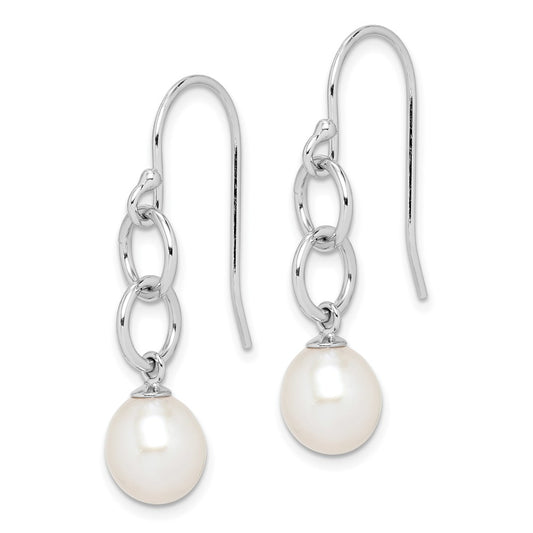 QE15121 Sterling Silver Rhodium-plated 7-8mm White Teardrop Freshwater Cultured Pearl Circle Dangle Earrings