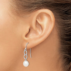 QE15121 Sterling Silver Rhodium-plated 7-8mm White Teardrop Freshwater Cultured Pearl Circle Dangle Earrings