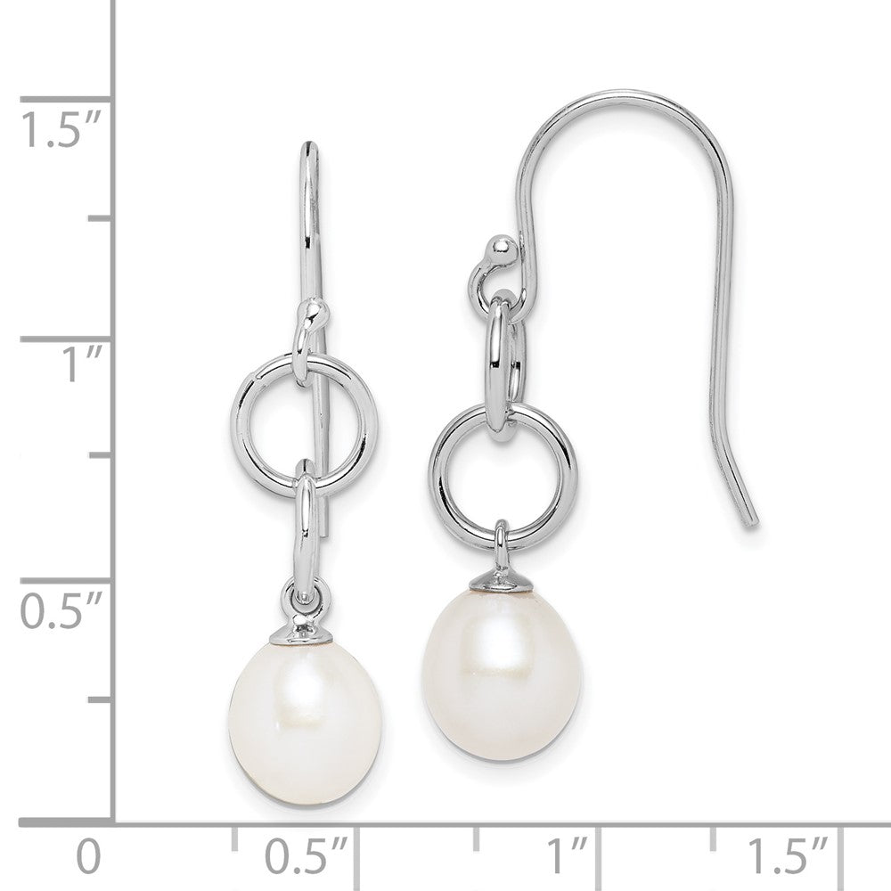 QE15121 Sterling Silver Rhodium-plated 7-8mm White Teardrop Freshwater Cultured Pearl Circle Dangle Earrings