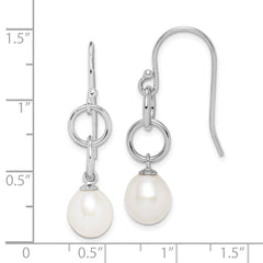 QE15121 Sterling Silver Rhodium-plated 7-8mm White Teardrop Freshwater Cultured Pearl Circle Dangle Earrings