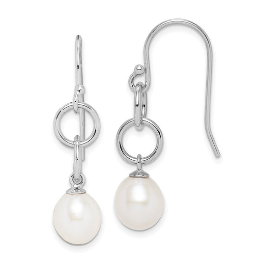 QE15121 Sterling Silver Rhodium-plated 7-8mm White Teardrop Freshwater Cultured Pearl Circle Dangle Earrings