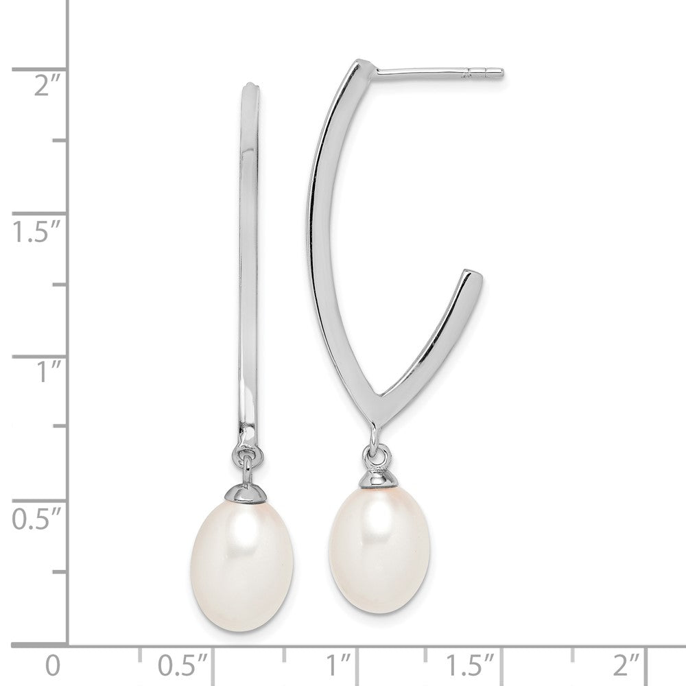 QE15124 Sterling Silver Rhodium-plated 8-9mm White Rice Freshwater Cultured Pearl Post Dangle Earrings