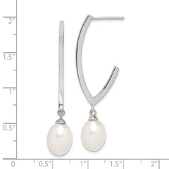 QE15124 Sterling Silver Rhodium-plated 8-9mm White Rice Freshwater Cultured Pearl Post Dangle Earrings